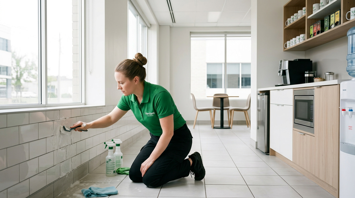 woman deep cleaning office kitchen