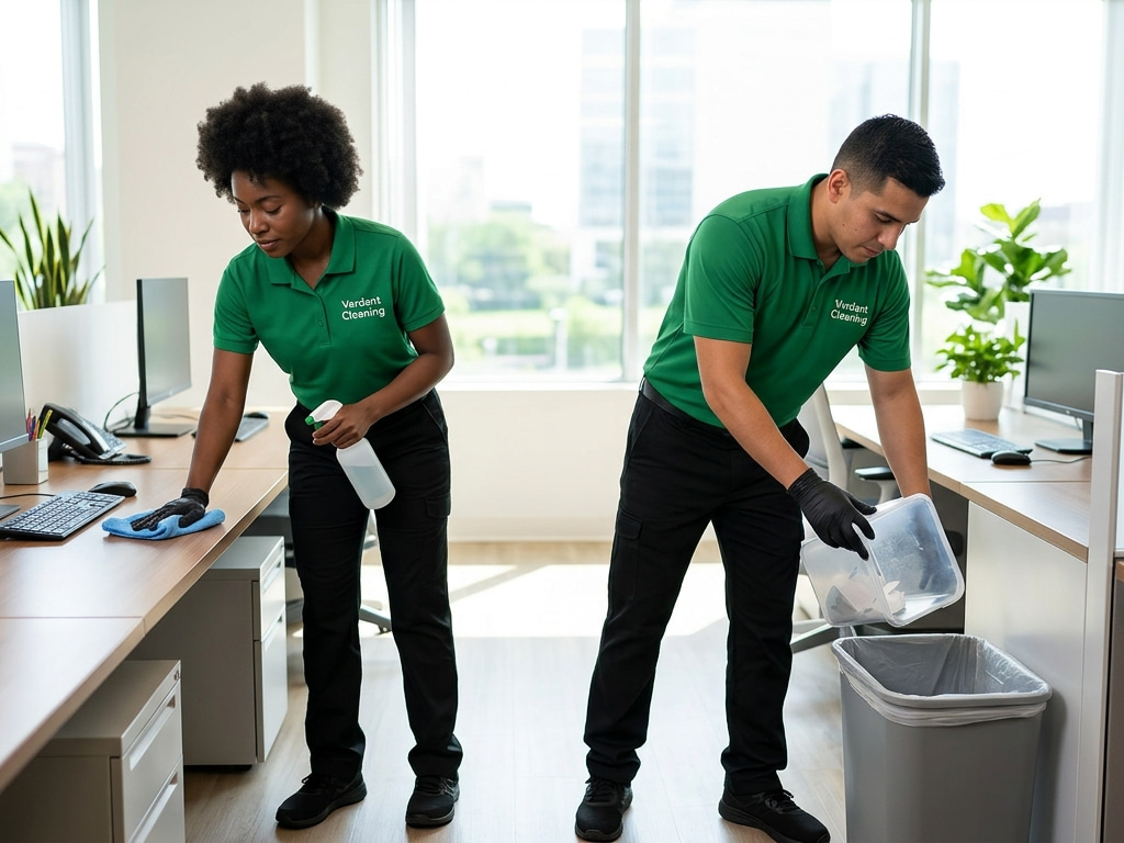 Verdant cleaning crew servicing a bright London office