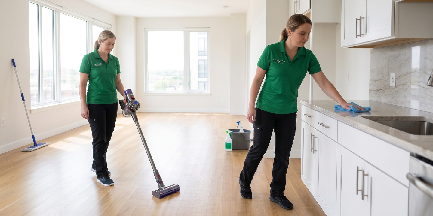 a woman cleaning an empty apartment unit