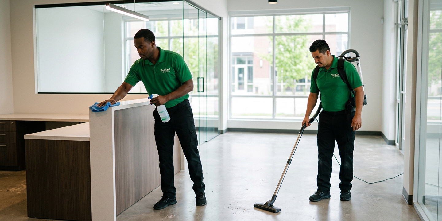 two cleaners cleaning empty office space after construction